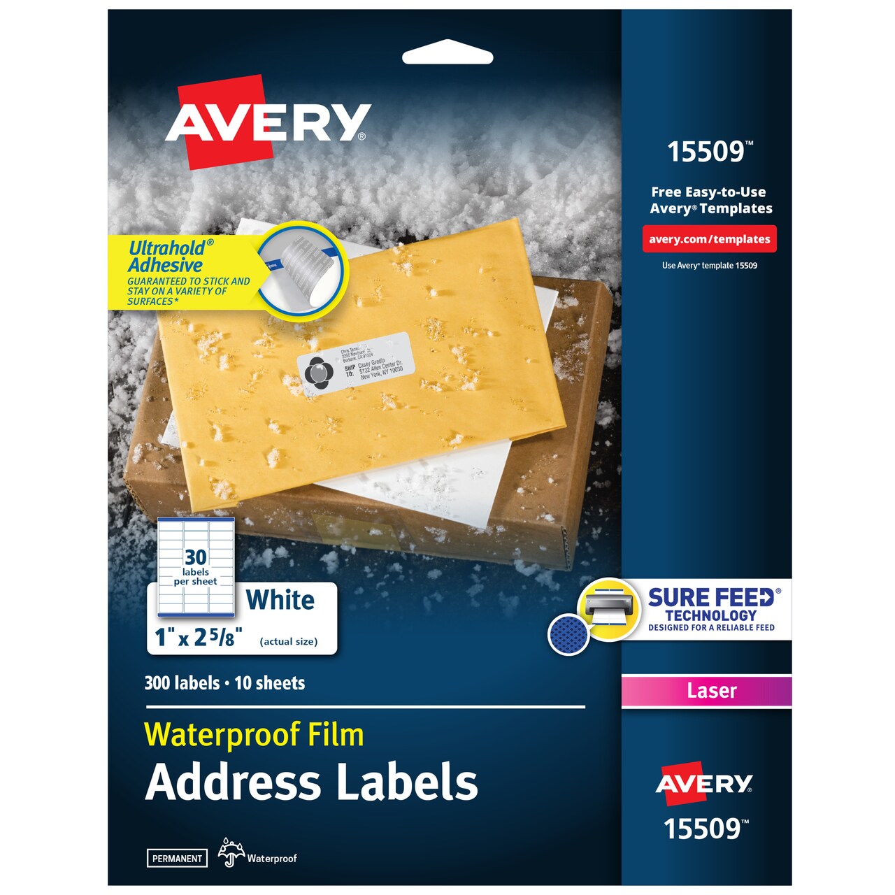Avery Waterproof Printable Address Labels with Sure Feed, 1" x 2-5/8", White, Ultrahold Permanent Adhesive, Laser Printers, 300 Blank Mailing Labels (15509)